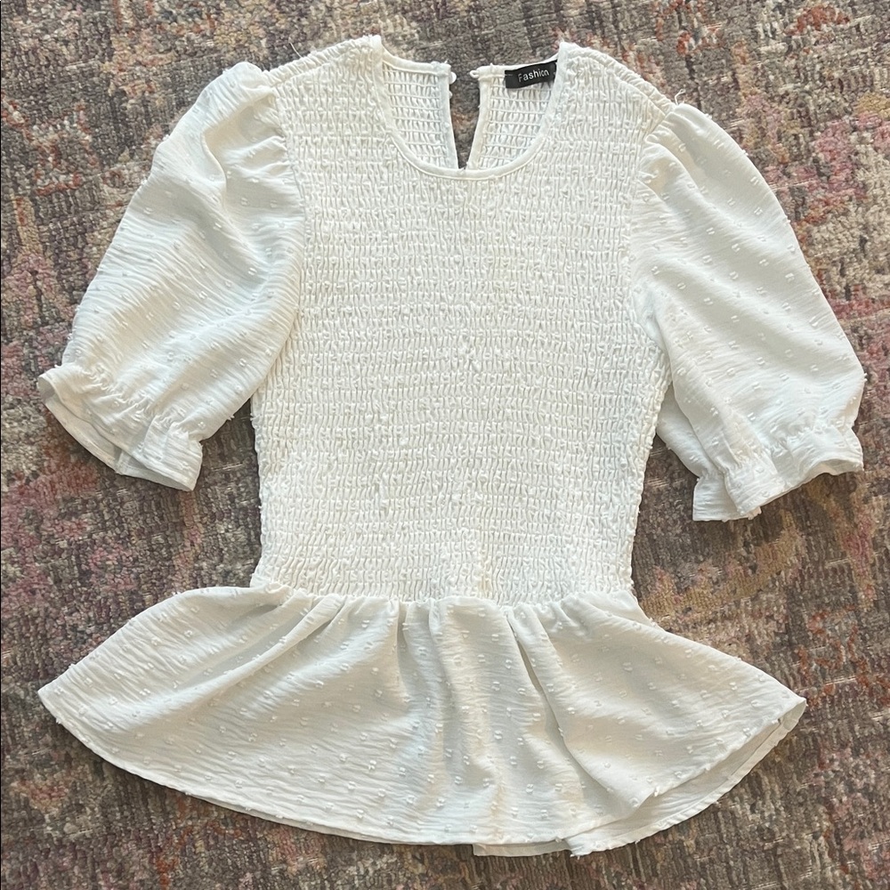 White Textured Peplum Blouse